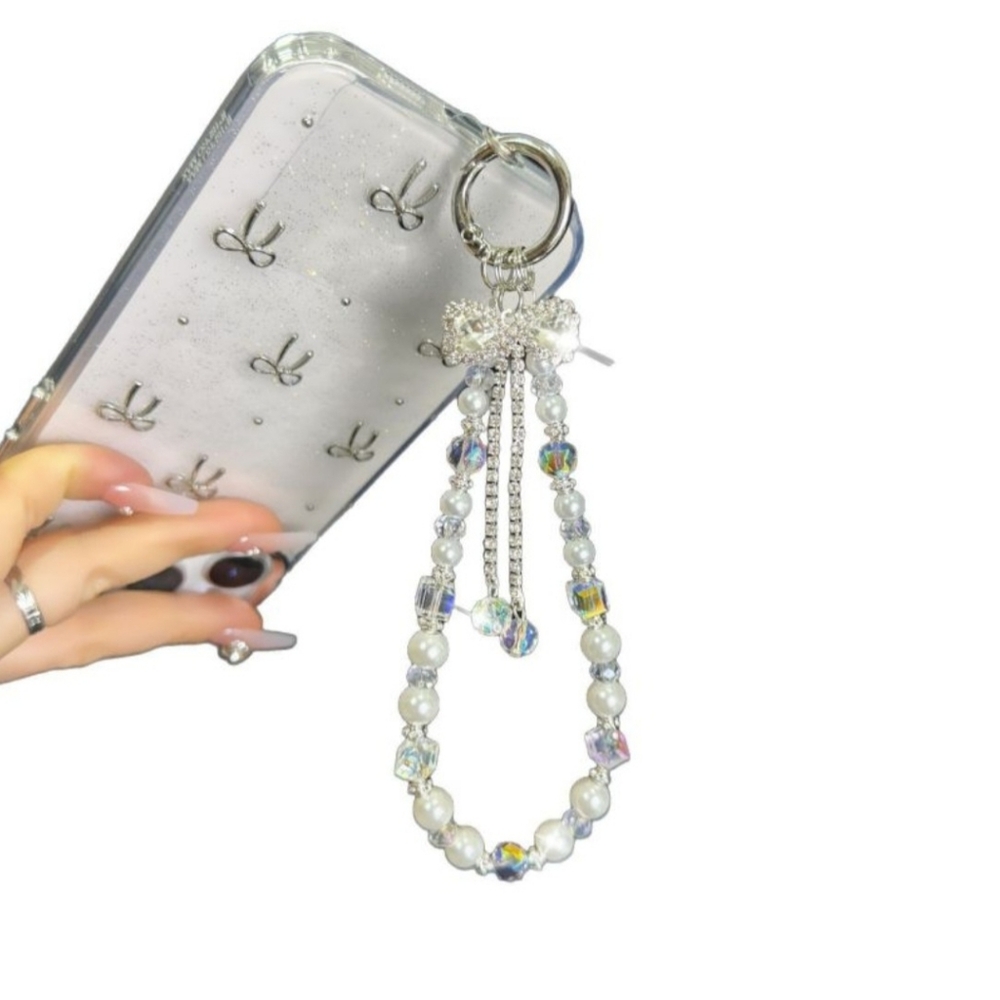Pearl & Crystal Beaded Phone Charm Keychain - Silver
